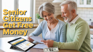 Cheerful senior couple reviewing financial documents and a tablet, discovering how can senior citizens get free money with nonprofit support.