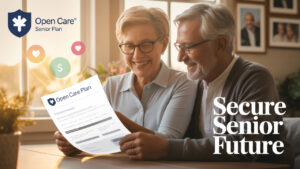 Senior couple reviewing open care senior plan reviews for a secure future